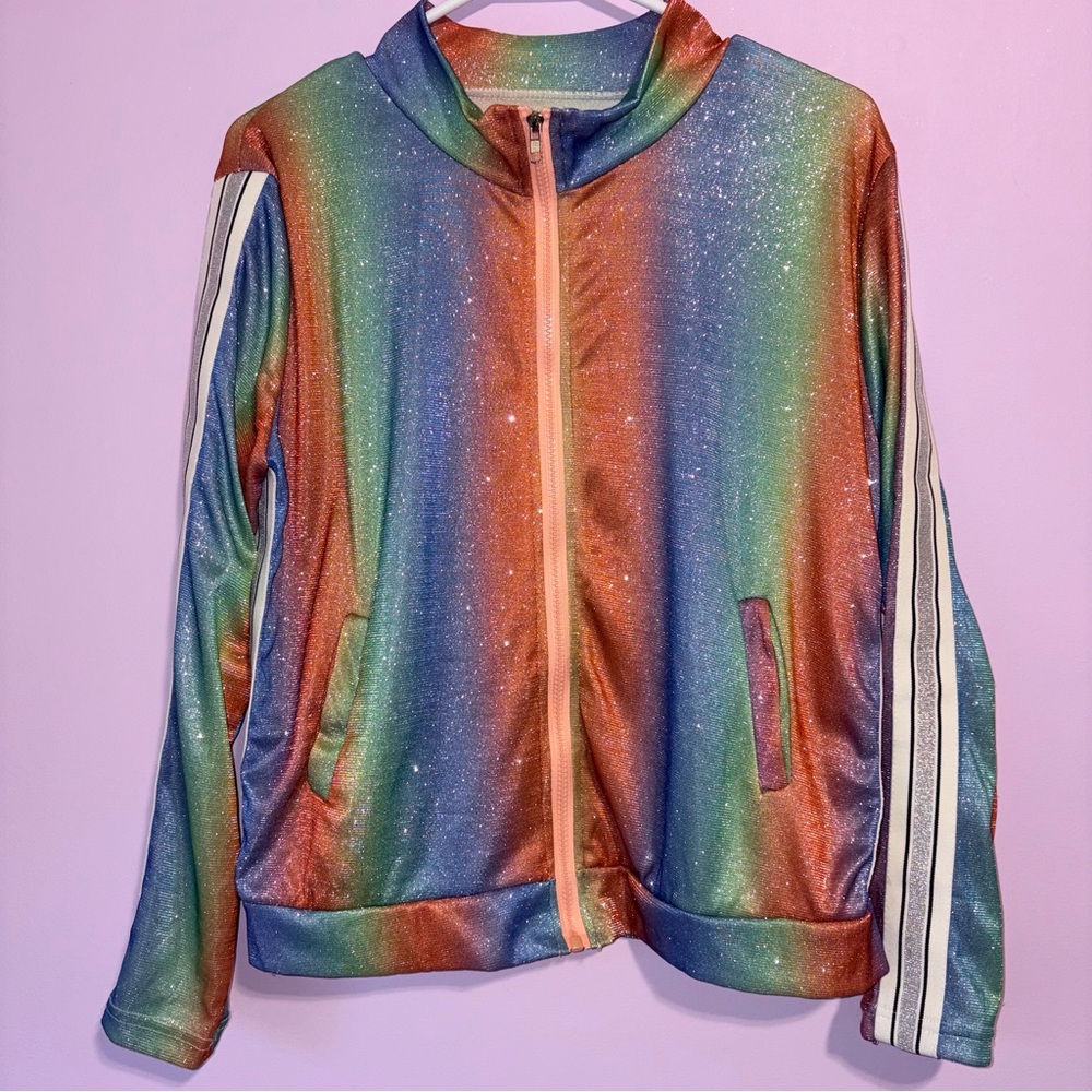 Ombre Rainbow Glitter Full Zip Tracksuit Jacket Women L Festival Maximalism Kid